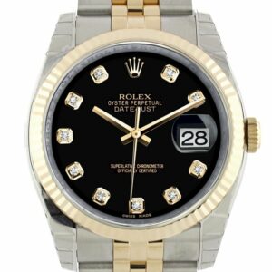 Rolex Datejust 36 Black Diamond Dial Fluted 18K Gold Two Tone Jubilee Watch 116233