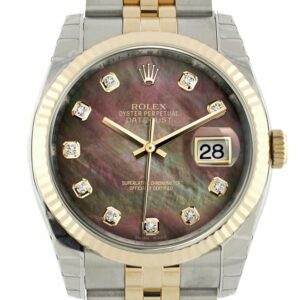 Rolex Datejust 36 Black Mother-Of-Pearl Diamond Dial Fluted 18K Gold Two Tone Jubilee Watch 116233