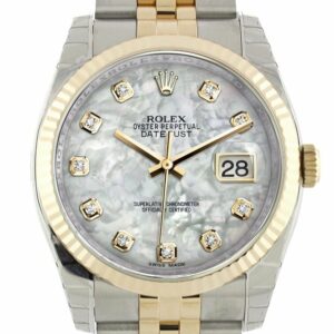 Rolex Datejust 36 White Mother-Of-Pearl Diamond Dial Fluted 18K Gold Two Tone Jubilee Watch 116233