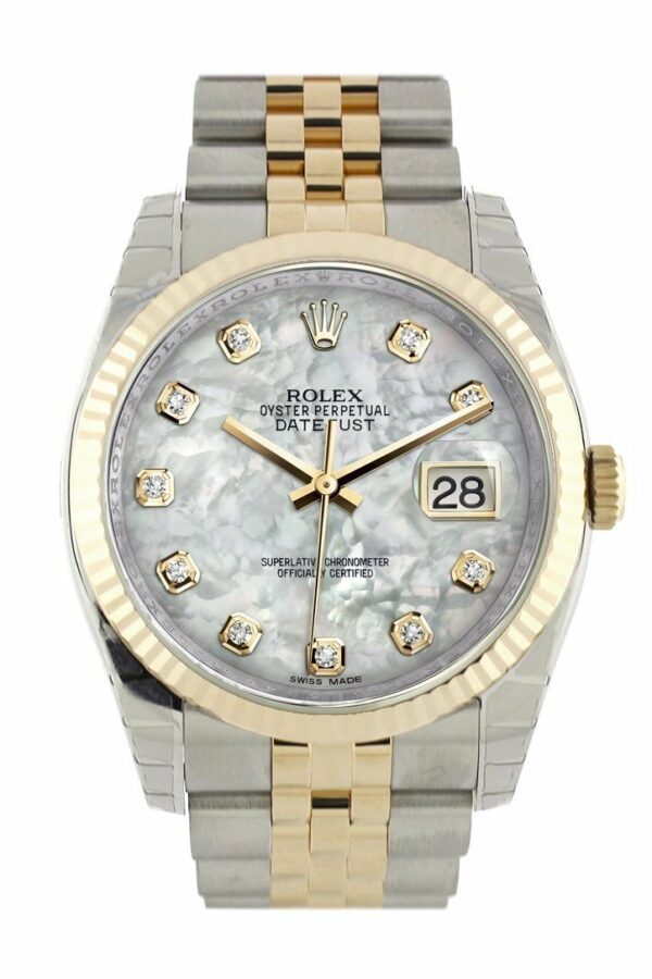 Rolex Datejust 36 White Mother-Of-Pearl Diamond Dial Fluted 18K Gold Two Tone Jubilee Watch 116233