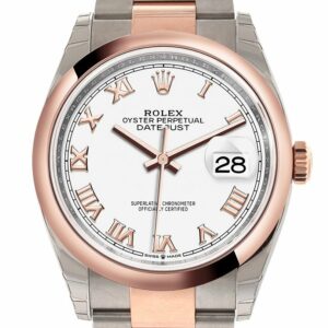 Rolex Datejust 36 White Roman Dial Dome Rose Gold Two Tone Watch 126201