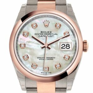 Rolex Datejust 36 White Mother-Of-Pearl Set With Diamonds Dial Dome Rose Gold Two Tone Watch 126201