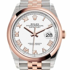 Rolex Datejust 36 White Roman Dial Dome Rose Gold Two Tone Jubilee Watch 126201