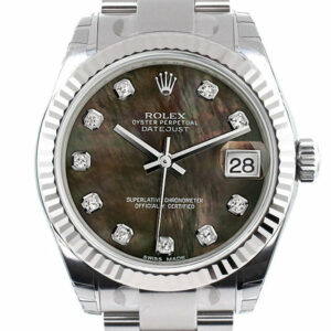 Rolex Datejust 31 Black Mother Of Pearl Set Diamonds Dial White Gold Fluted Bezel Ladies Watch