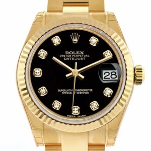 Rolex Datejust 31 Black Diamond Dial Fluted Bezel 18K Yellow Gold Ladies Watch 178278 / None