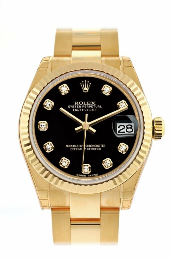 Rolex Datejust 31 Black Diamond Dial Fluted Bezel 18K Yellow Gold Ladies Watch 178278 / None