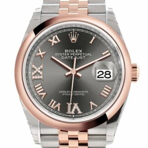 Rolex Datejust 36 Dark Rhodium Set With Diamonds Dial Dome Rose Gold Two Tone Jubilee Watch 126201