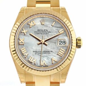 Rolex Datejust 31 White Mother Of Pearl Roman Dial Fluted Bezel 18K Yellow Gold Ladies Watch 178278