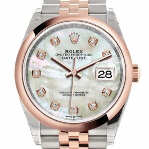 Rolex Datejust 36 White Mother-Of-Pearl Set With Diamonds Dial Dome Rose Gold Two Tone Jubileewatch