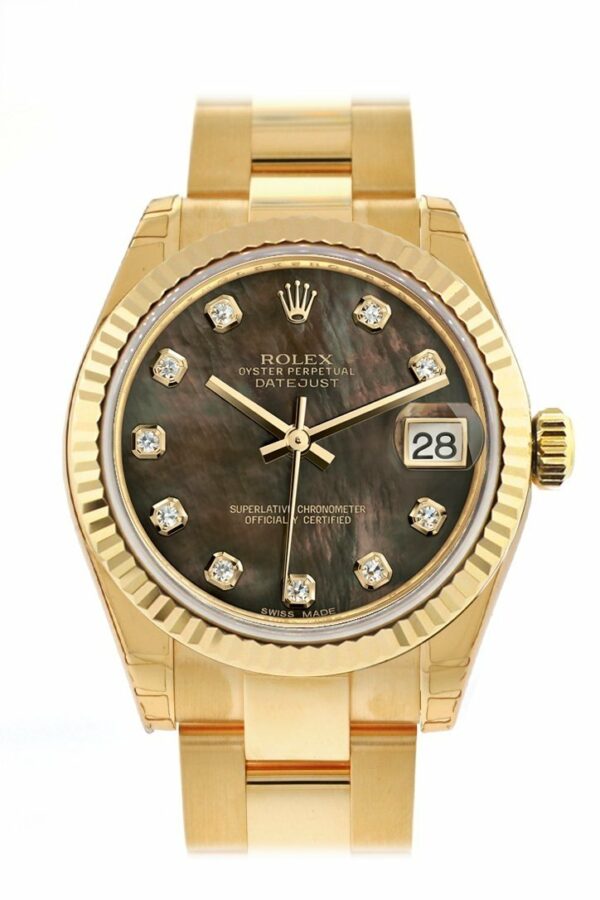 Rolex Datejust 31 Black Mother Of Pearl Diamond Dial Fluted Bezel 18K Yellow Gold Ladies Watch