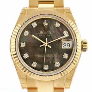 Rolex Datejust 31 Black Mother Of Pearl Diamond Dial Fluted Bezel 18K Yellow Gold Ladies Watch