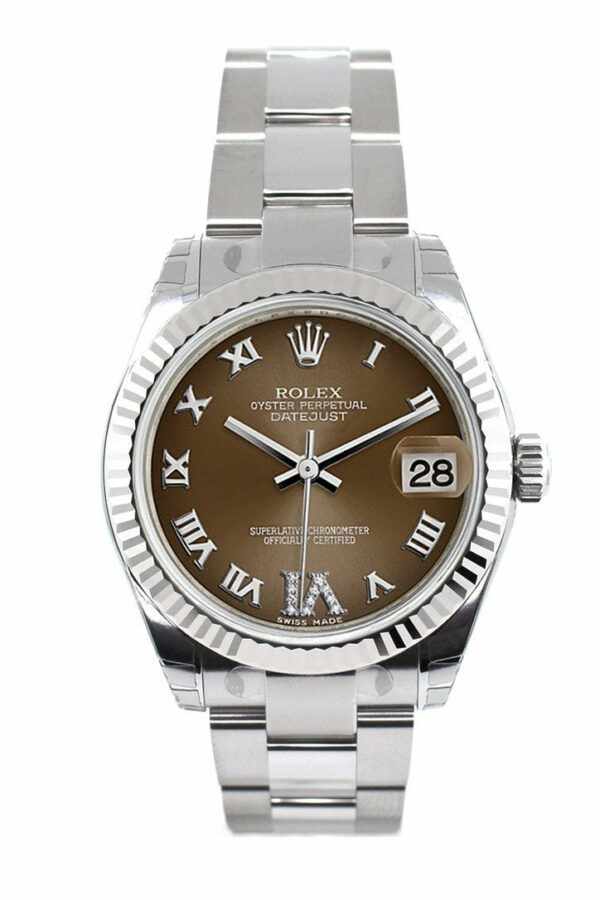 Rolex Datejust 31 Bronze Roman Large Vi Set With Diamonds Dial White Gold Fluted Bezel Ladies Watch