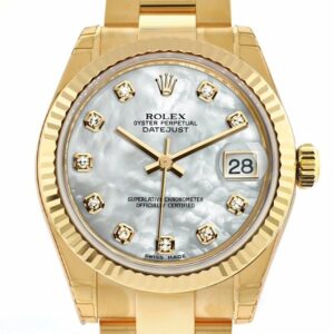 Rolex Datejust 31 White Mother Of Pearl Diamond Dial Fluted Bezel 18K Yellow Gold Ladies Watch