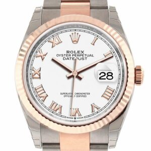 Rolex Datejust 36 White Roman Dial Fluted Rose Gold Two Tone Watch 126231