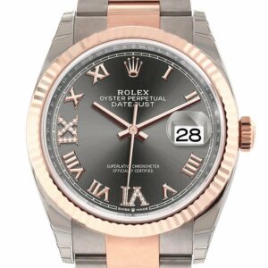 Rolex Datejust 36 Dark Rhodium Set With Diamonds Dial Fluted Rose Gold Two Tone Watch 126231