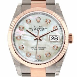 Rolex Datejust 36 White Mother-Of-Pearl Set With Diamonds Dial Fluted Rose Gold Two Tone Watch