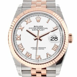 Rolex Datejust 36 White Roman Dial Fluted Rose Gold Two Tone Jubilee Watch 126231