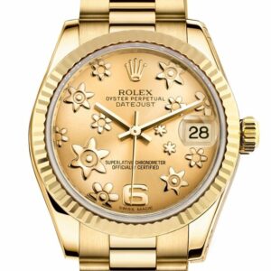 Rolex Datejust 31 Champagne Floral Motif Dial Fluted Bezel 18K Yellow Gold President Ladies Watch