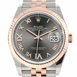 Rolex Datejust 36 Dark Rhodium Set With Diamonds Dial Fluted Rose Gold Two Tone Jubilee Watch 126231