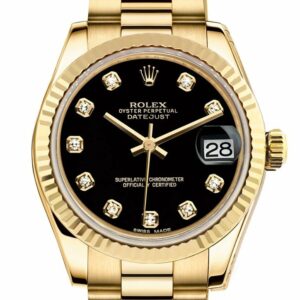 Rolex Datejust 31 Black Diamond Dial Fluted Bezel 18K Yellow Gold President Ladies Watch 178278 /