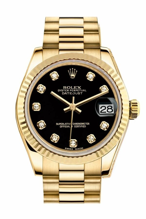 Rolex Datejust 31 Black Diamond Dial Fluted Bezel 18K Yellow Gold President Ladies Watch 178278 /