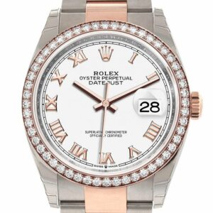 Rolex Datejust 36 White Roman Dial Diamond Bezel Rose Gold Two Tone Watch 126281Rbr