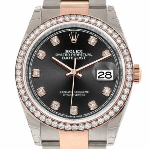 Rolex Datejust 36 Black Set With Diamonds Dial Diamond Bezel Rose Gold Two Tone Watch 126281Rbr