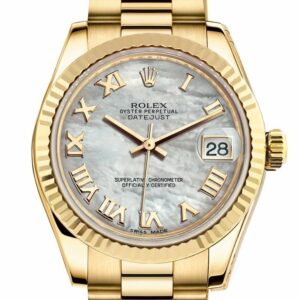 Rolex Datejust 31 White Mother Of Pearl Roman Dial Fluted Bezel 18K Yellow Gold President Ladies