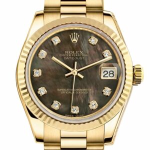 Rolex Datejust 31 Black Mother Of Pearl Diamond Dial Fluted Bezel 18K Yellow Gold President Ladies