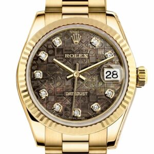 Rolex Datejust 31 Black Mother Of Pearl Jubilee Diamond Dial Fluted Bezel 18K Yellow Gold President