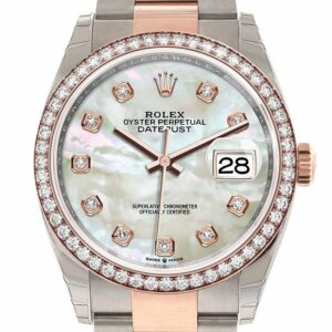 Rolex Datejust 36 White Mother-Of-Pearl Set With Diamonds Dial Rose Gold Two Tone Watch 126281Rbr