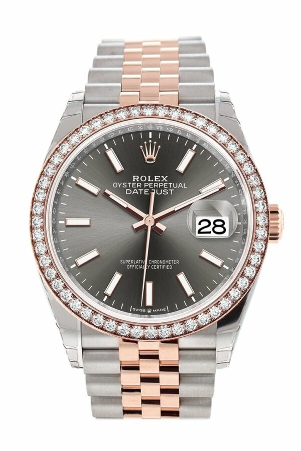 Rolex Datejust 36 Dark Rhodium Dial Diamond Bezel Rose Gold Two Tone Jubilee Watch 126281Rbr