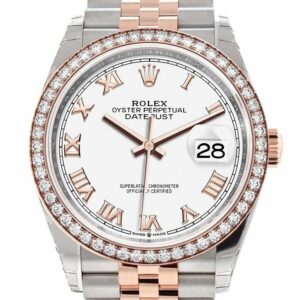 Rolex Datejust 36 White Roman Dial Diamond Bezel Rose Gold Two Tone Jubilee Watch 126281Rbr