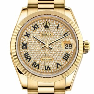 Rolex Datejust 31 Diamond Paved Dial Fluted Bezel 18K Yellow Gold President Ladies Watch 178278 /