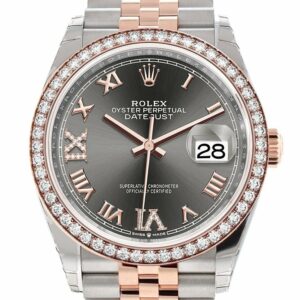 Rolex Datejust 36 Dark Rhodium Set With Diamonds Dial Diamond Bezel Rose Gold Two Tone Jubilee Watch