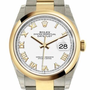 Rolex Datejust 36 White Roman Dial Dome Bezel Oyster Yellow Gold Two Tone Watch 126203