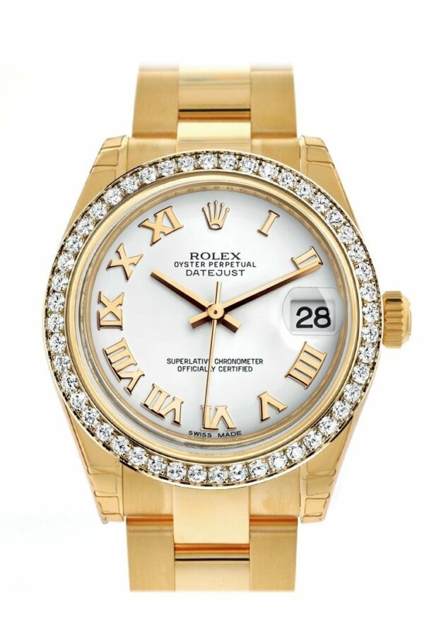 Rolex Datejust 31 White Roman Dial Diamond Bezel 18K Yellow Gold Ladies Watch 178288 / None