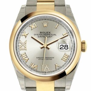 Rolex Datejust 36 Silver Set With Diamonds Dial Dome Bezel Oyster Yellow Gold Two Tone Watch 126203