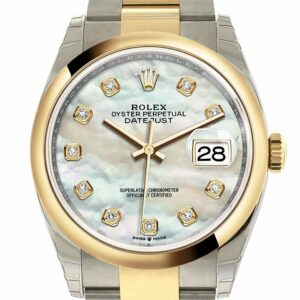 Rolex Datejust 36 White Mother-Of-Pearl Diamonds Dial Dome Bezel Oyster Yellow Gold Two Tone Watch