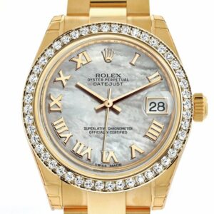 Rolex Datejust 31 White Mother Of Pearl Roman Dial Diamond Bezel 18K Yellow Gold Ladies Watch 178288