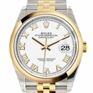 Rolex Datejust 36 White Roman Dial Dome Bezel Jubileeyewllow Gold Two Tone Watch 126203