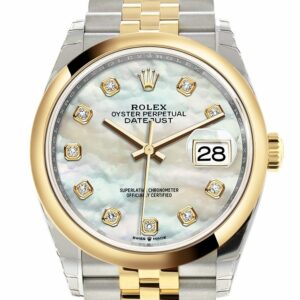 Rolex Datejust 36 White Mother-Of-Pearl Set With Diamonds Dial Dome Bezel Jubilee Yellow Gold Two