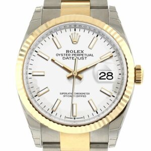 Rolex Datejust 36 White Dial Fluted Bezel Oyster Yellow Gold Two Tone Watch 126233