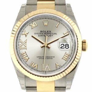 Rolex Datejust 36 Silver Set With Diamonds Dial Fluted Bezel Oyster Yellow Gold Two Tone Watch