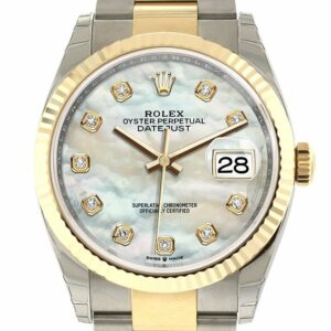 Rolex Datejust 36 White Mother-Of-Pearl Diamonds Dial Fluted Bezel Oyster Yellow Gold Two Tone Watch