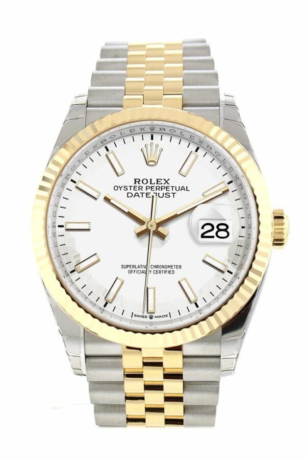 Rolex Datejust 36 White Dial Fluted Bezel Jubilee Yellow Gold Two Tone Watch 126233