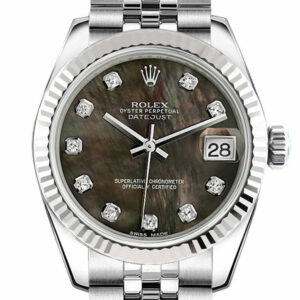 Rolex Datejust 31 Black Mother Of Pearl Set Diamonds Dial White Gold Fluted Bezel Jubilee Ladies