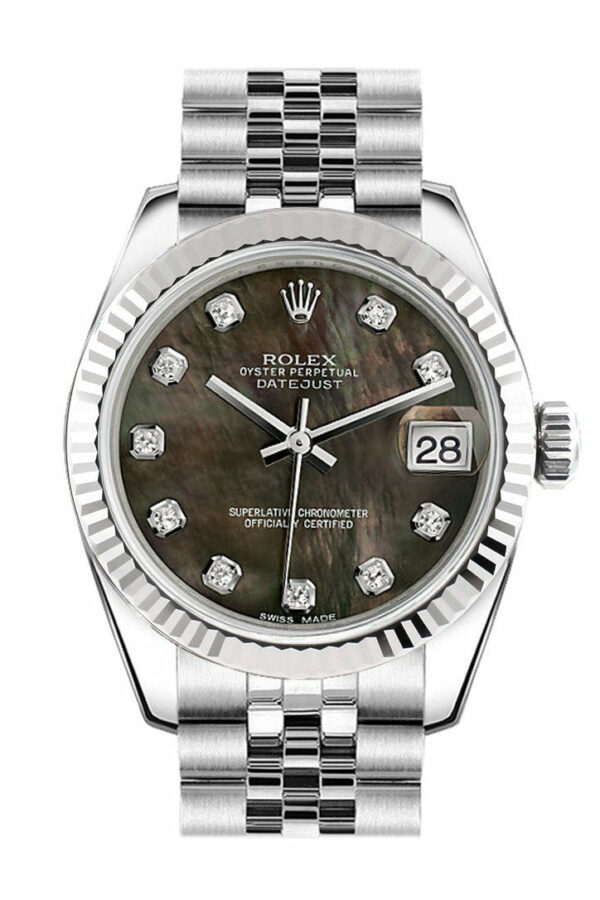 Rolex Datejust 31 Black Mother Of Pearl Set Diamonds Dial White Gold Fluted Bezel Jubilee Ladies