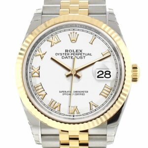 Rolex Datejust 36 White Roman Dial Fluted Bezel Jubilee Yellow Gold Two Tone Watch 126233