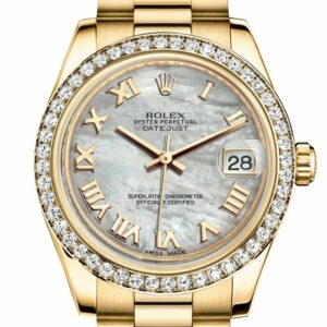 Rolex Datejust 31 White Mother Of Pearl Roman Dial Diamond Bezel 18K Yellow Gold President Ladies